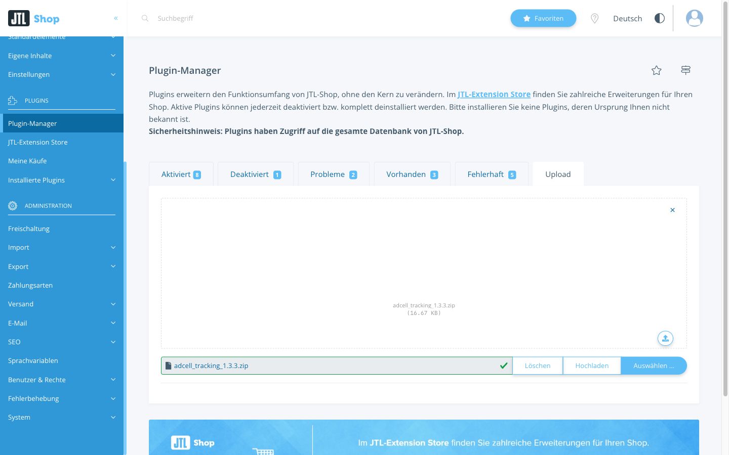 Reiter Upload mit der ausgewählten ZIP-Datei der neuen Version