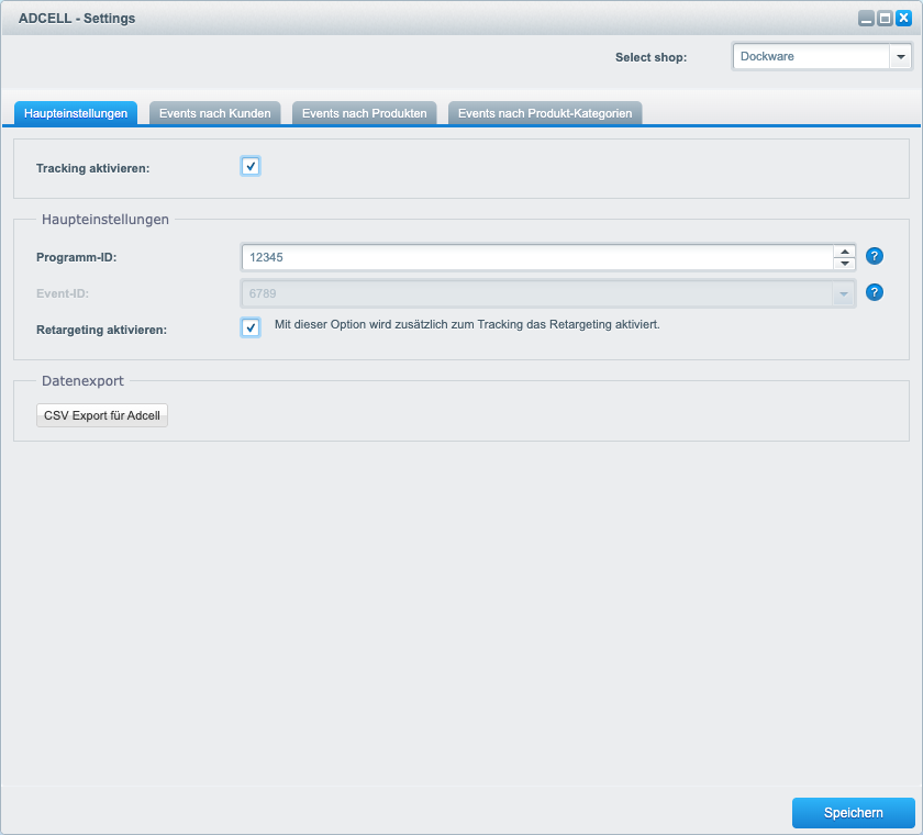 Fenster „ADCELL - Settings“, Reiter „Haupteinstellungen“ mit Programm-ID 12345 und Event-ID 6789