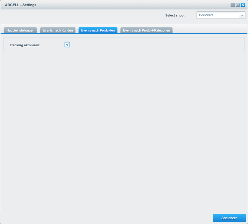 Reiter „Events nach Produkten“ mit „Tracking aktivieren“ und je Event einem Feld „Artikelnummern (komma getrennt)“