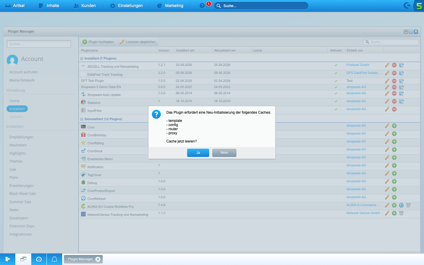 Rückfrage von Shopware nach dem Update, ob die Caches template, config, router und proxy geleert werden sollen