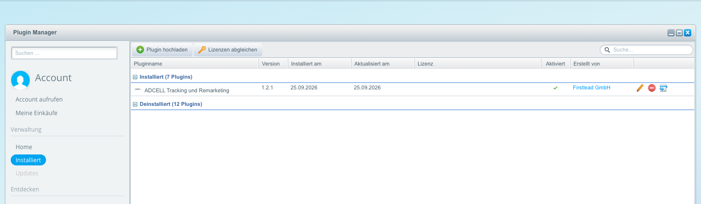 Plugin Manager nach dem Update mit Version 1.2.1 in der Zeile des Plugins