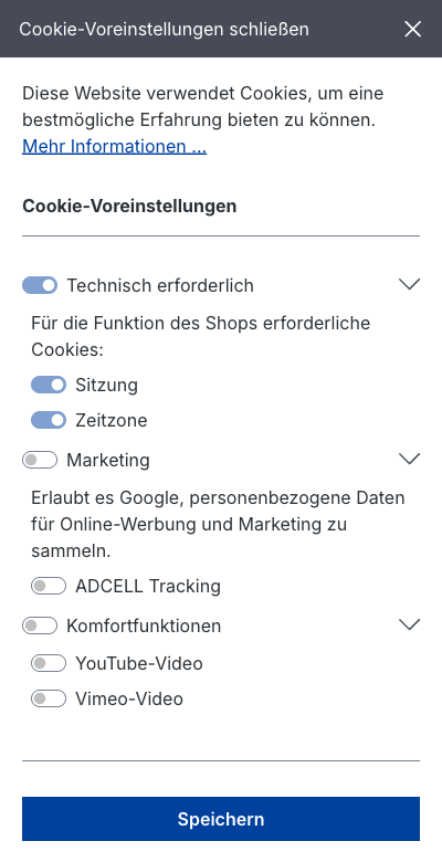 geöffnete Cookie-Voreinstellungen der Storefront mit der Gruppe „Marketing“ und dem Eintrag „ADCELL Tracking“