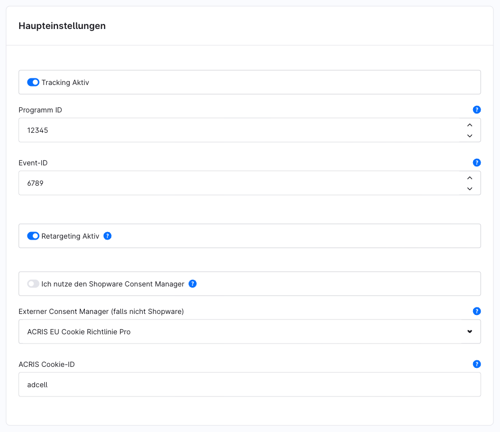 Haupteinstellungen mit ausgeschaltetem Shopware Consent Manager und der Auswahl ACRIS EU Cookie Richtlinie Pro
