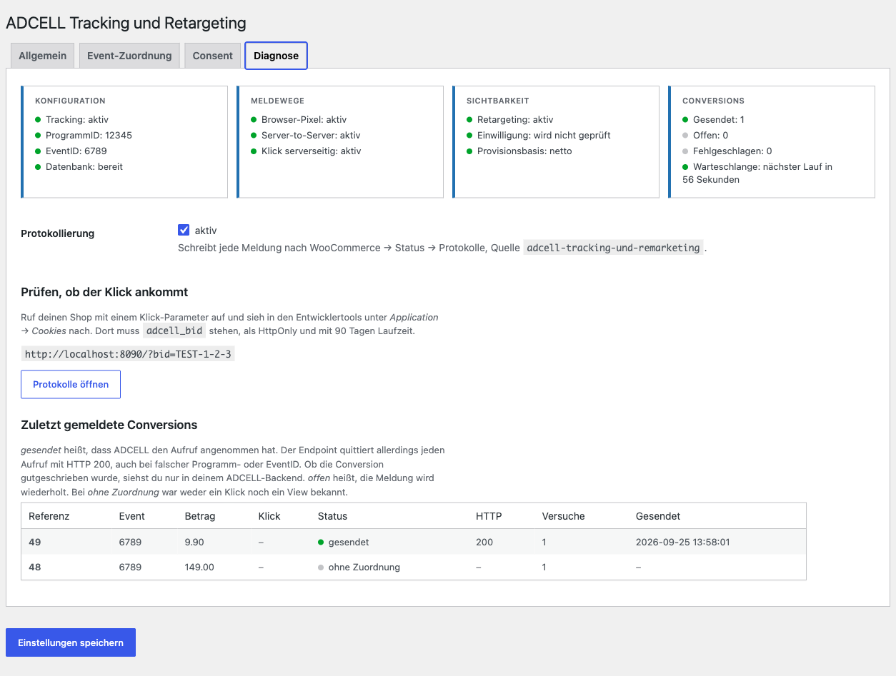 Reiter Diagnose mit vier Statuskarten und der Tabelle Zuletzt gemeldete Conversions