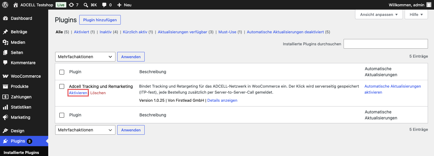 Plugin-Liste mit Adcell Tracking und Remarketing und dem Link Aktivieren