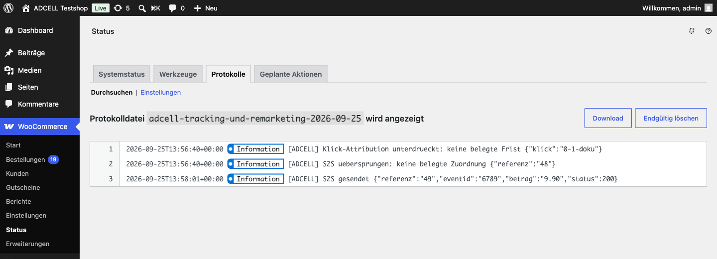 WooCommerce › Status › Protokolle mit der Quelle adcell-tracking-und-remarketing und einer Zeile „[ADCELL] S2S gesendet“